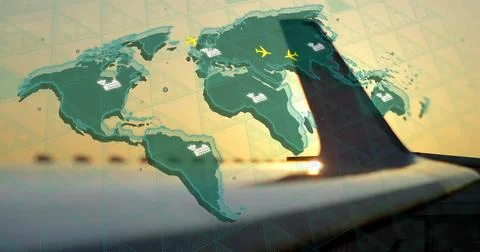 Image of world map with plane icons and digital data processing over airplane Stock Illustration