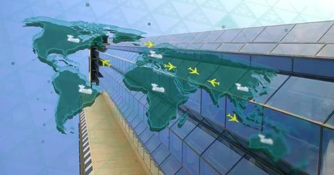 Image of world map with plane icons and digital data processing over office Illustrazione stock