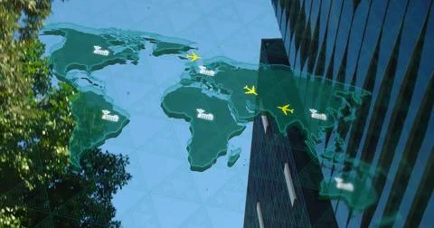 Image of world map with plane icons and digital data processing over office Illustrazione stock