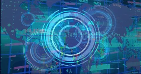 Image of world map, processing circles and data on navy background Stock Illustration