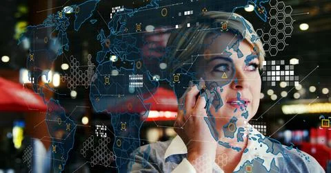 Image of world map processing data over happy caucasian woman using phone in Foto stock