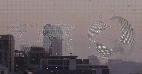 Image of world map, spinning globe and data processing against aerial view of Foto stock