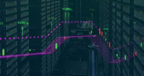 Image of world map, statistics and data processing and computer servers 스톡 사진