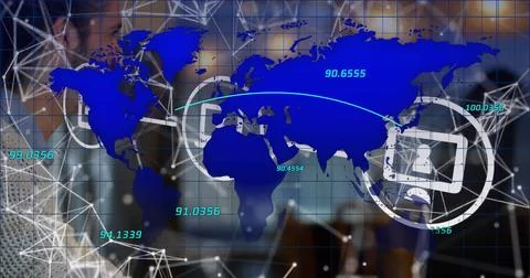 Image of world map, tech icons and connections over diverse people in office Stock Photos