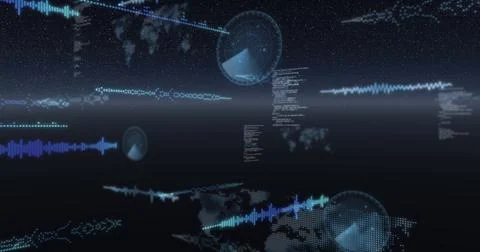 Image of world maps, statistics recording and data processing over universe Stock Illustration