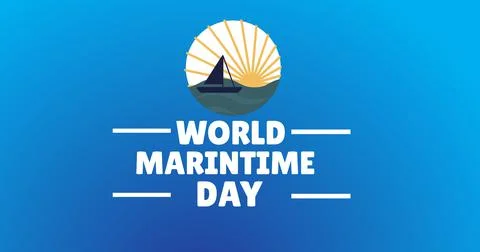 Image of world maritime day text over boat and sun icon Ilustração Stock