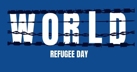 Image of world refugee day text and black strings of barbed wire on dark blue 스톡 일러스트