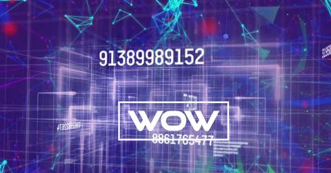 Image of wow over data processing and violet background Illustrazione stock