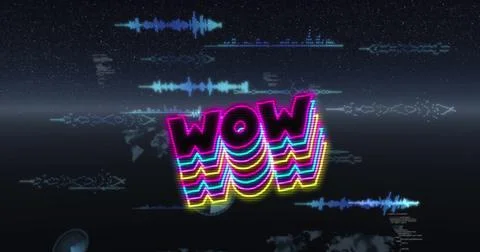 Image of wow text and data processing on black background Stock Illustration