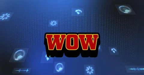 Image of wow text and data processing on blue background Illustrazione stock