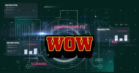 Image of wow text and data processing on black background 库存插图