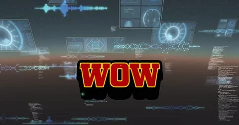 Image of wow text and data processing on black background 스톡 일러스트