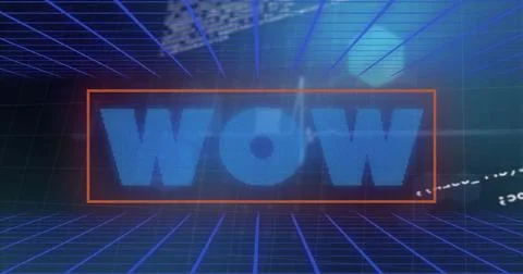 Image of wow text over blue grid and data processing Illustrazione stock