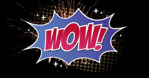 Image of Wow text over comic retro speech bubble with fireworks and stars o.. Stock Photos
