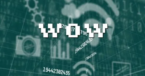 Image of wow text over data processing and digital icons on black background Stock Illustration