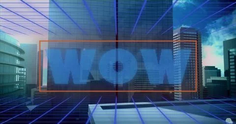 Image of wow text over digital cityscape 스톡 일러스트