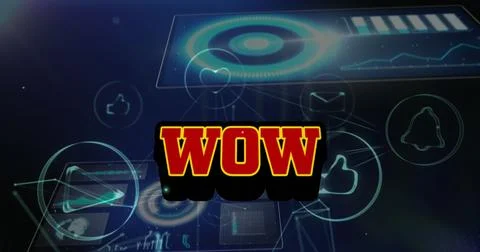 Image of wow text over icons and data processing 스톡 일러스트