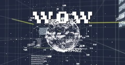Image of wow text over network of connections and data processing on grid Stock Illustration