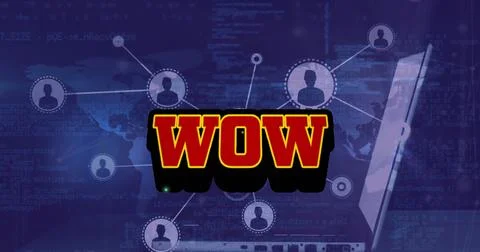 Image of wow text over network of connections and data processing Illustrazione stock