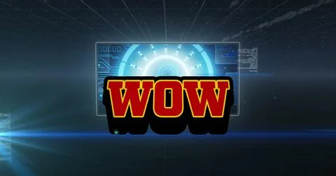 Image of wow text over scope scanning and data processing Illustrazione stock