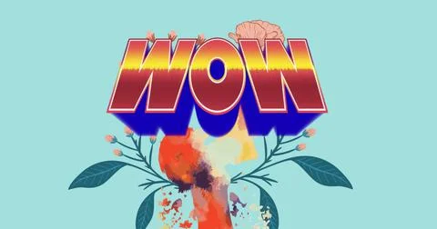 Image of wow text in red letters over flowers on blue background Ilustração Stock