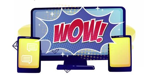 Image of wow text in retro speech bubble on computer screen with tablets Stock Illustration