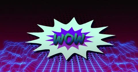 Image of wow text in retro speech bubble over blue glowing mesh Stock Photos