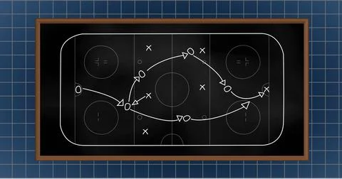 Image of x and circles with arrows on sports court over grid pattern against Illustrazione stock