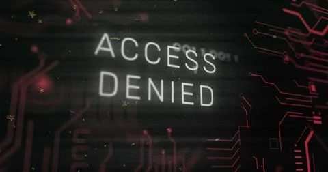 Image of x mark on access denied text, glitch technique, circuit board pattern Stockfoto's