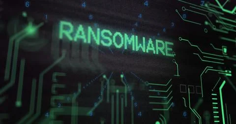 Image of x mark on ransomware text over circuit board pattern and changing Stockfoto's