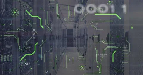 Image of x symbol with binary codes and circuit board patterns over server room 写真素材
