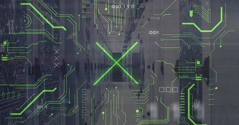 Image of x symbol with binary codes over circuit board pattern on server racks Stockfoto's