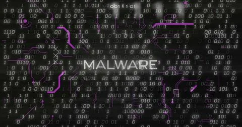 Image of x symbol on malware text with circuit board pattern against binary 写真素材