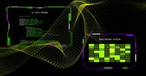 Image of yellow 3d network and interfaces ai data mining and monitoring system, 스톡 사진