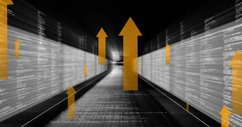 Image of yellow arrows and data processing over computer servers Illustrazione stock