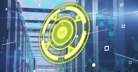 Image of yellow circle with numbers over data and servers 스톡 일러스트