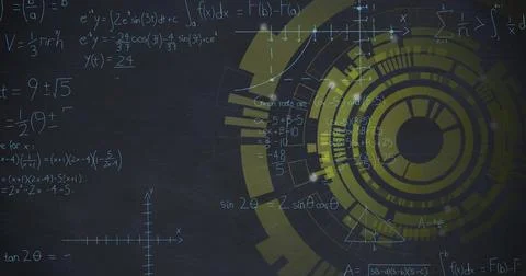 Image of yellow circular scanner processing over mathematical equations on dark Stock Illustration