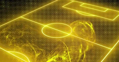 Image of yellow glowing digital wave over neon football pitch layout against Stock Illustration