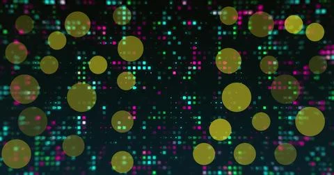 Image of yellow light spots over twinkling coloured data pixels on dark Illustrazione stock