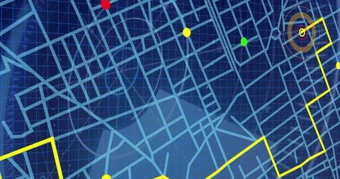 Image of yellow line on digital map with location points and data processing Stock Photos