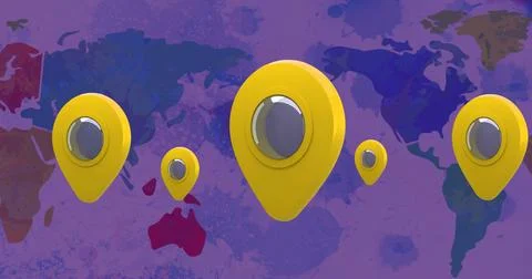 Image of yellow location pins bouncing over world map イラスト素材