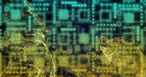 Image of yellow mesh, data processing over computer circuit board Stock Illustration