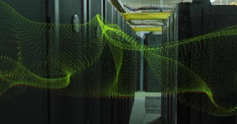 Image of yellow network wave moving over dark computer server room Stockillustratie