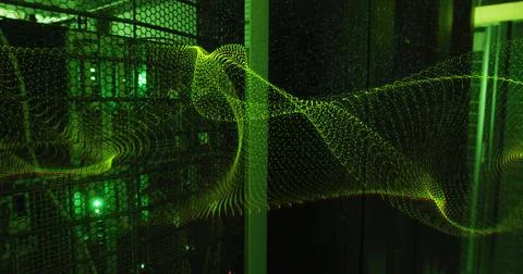 Image of yellow network wave moving over dark computer server room Illustrazione stock