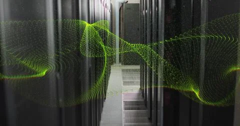 Image of yellow network wave over computer server room Foto stock