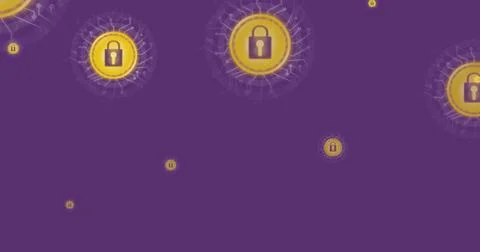 Image of yellow online security padlock icons flying up over purple background Stock Photos