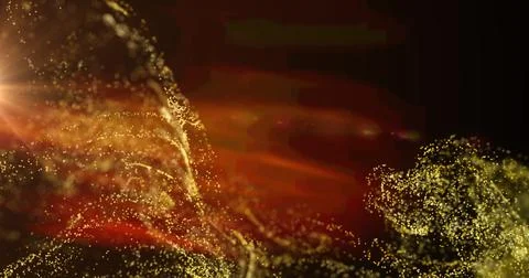 Image of yellow particle cloud and orange light moving on black background Stock Illustration