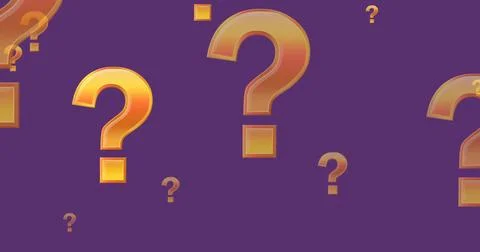 Image of yellow question marks flying up over purple background Foto stock