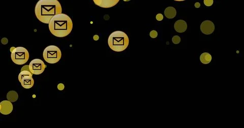 Image of yellow spots and multiple message icons floating against black Stock Illustration