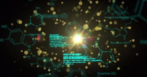 Image of yellow spots floating over chemical structures and data processing on イラスト素材